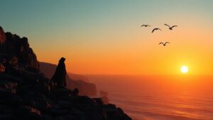 Cliffside Silhouette at Sunset – free AI stock image