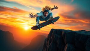 Cliffside Skateboard Stunt at Sunset – free AI stock image