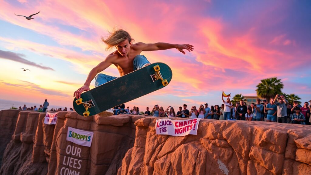 Cliffside Skateboarding Adventure – free AI stock image