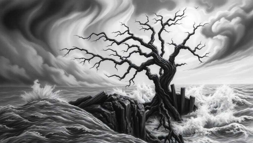 Cliffside Tree Under Stormy – free AI stock image