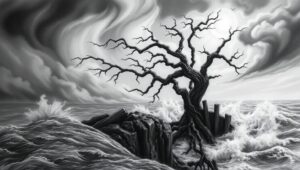 Cliffside Tree Under Stormy – free AI stock image