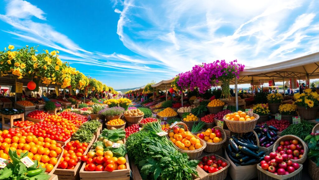 Colorful Aerial Farmer’s Market Scene – free AI stock image