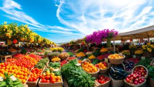 Colorful Aerial Farmer’s Market Scene – free AI stock image