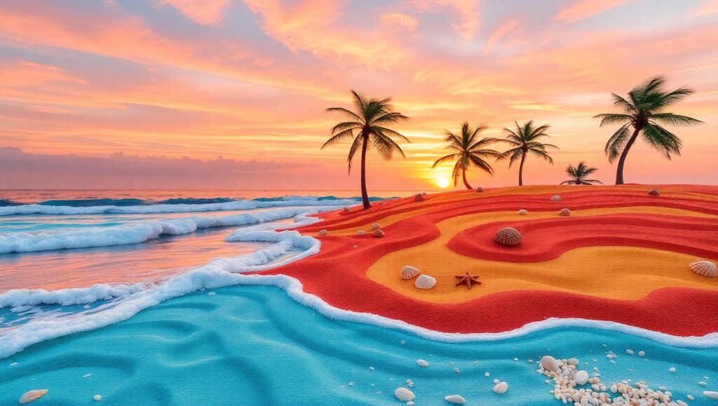 Colorful Beach Sunset in Sand Art – free AI stock image