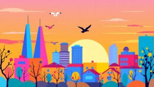 Colorful Cityscape at Sunset – free AI stock image
