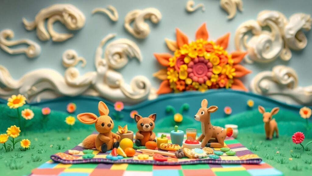 Colorful Clay Landscape with Picnic – free AI stock image