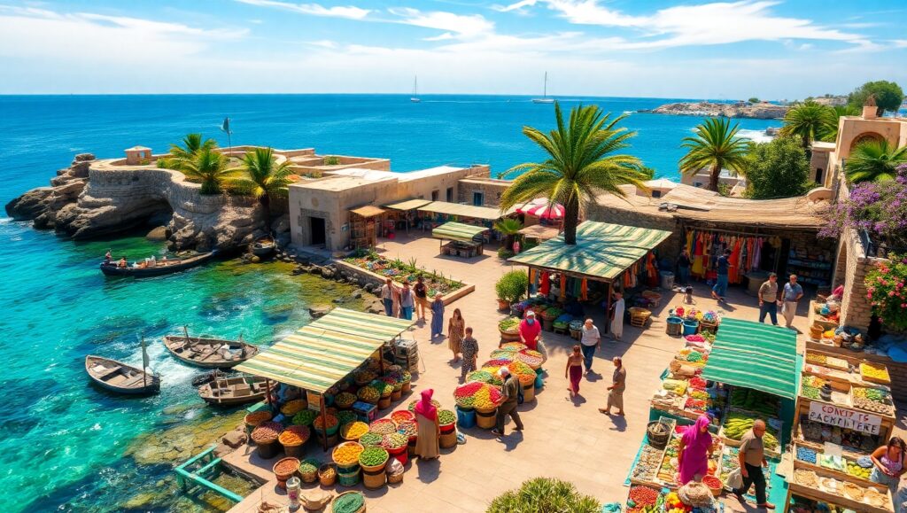 Colorful Coastal Marketplace Aerial View – free AI stock image