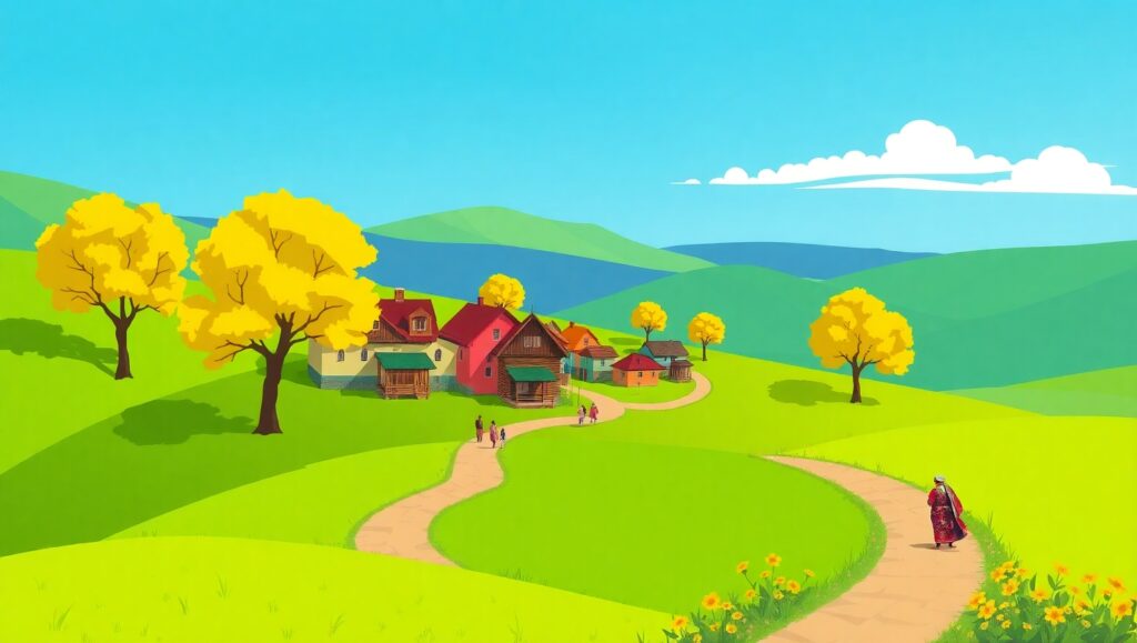 Colorful Flat Village in Nature – free AI stock image