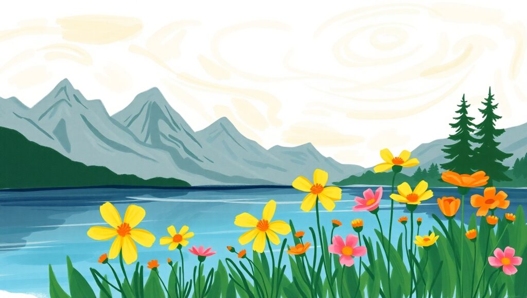 Colorful Lakeside Serenity – free AI stock image