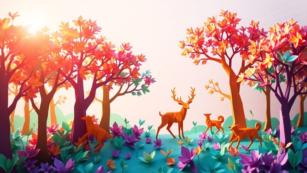 Colorful Origami Forest Scene – free AI stock image