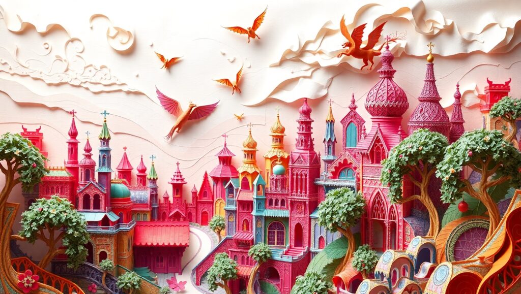 Colorful Paper Cityscape with Creatures – free AI stock image