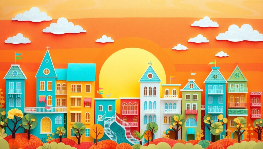 Colorful Papercraft City at Sunset – free AI stock image