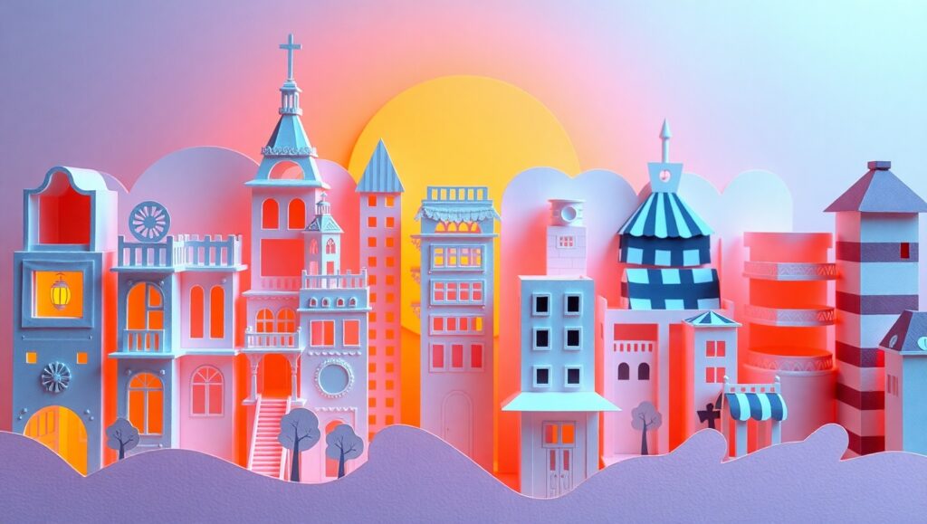 Colorful Papercraft City Skyline – free AI stock image