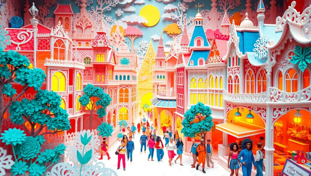 Colorful Papercraft Cityscape Creation – free AI stock image