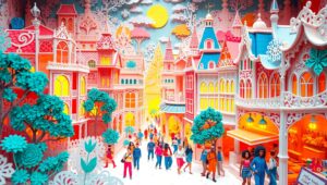 Colorful Papercraft Cityscape Creation – free AI stock image