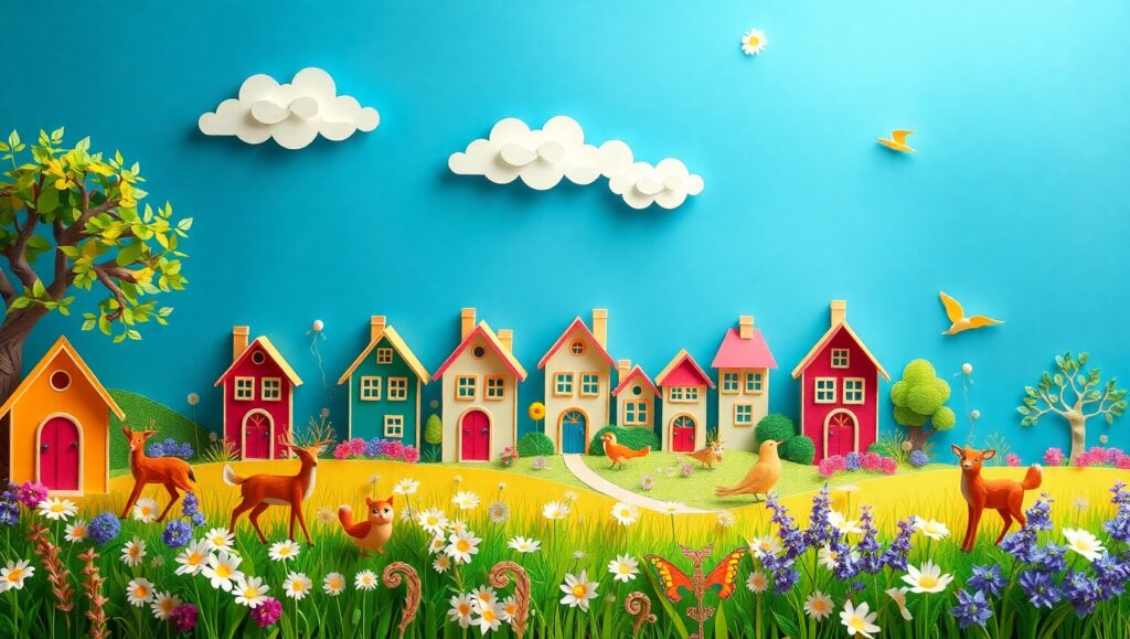Colorful Papercraft Village Scene – free AI stock image