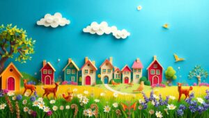 Colorful Papercraft Village Scene – free AI stock image