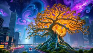 Colossal Tree Over Futuristic Cityscape – free AI stock image