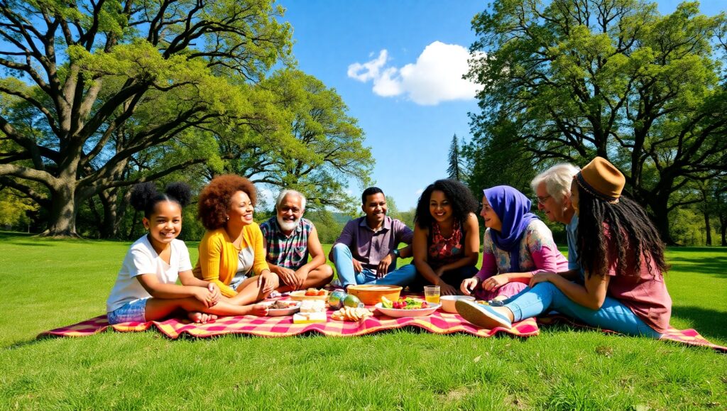 Community Picnic in a Sunlit Park – free AI stock image