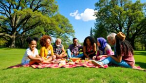 Community Picnic in a Sunlit Park – free AI stock image