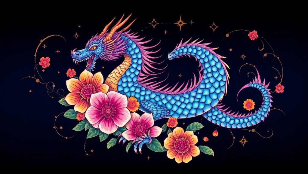 Cosmic Dragon and Floral Fusion – free AI stock image