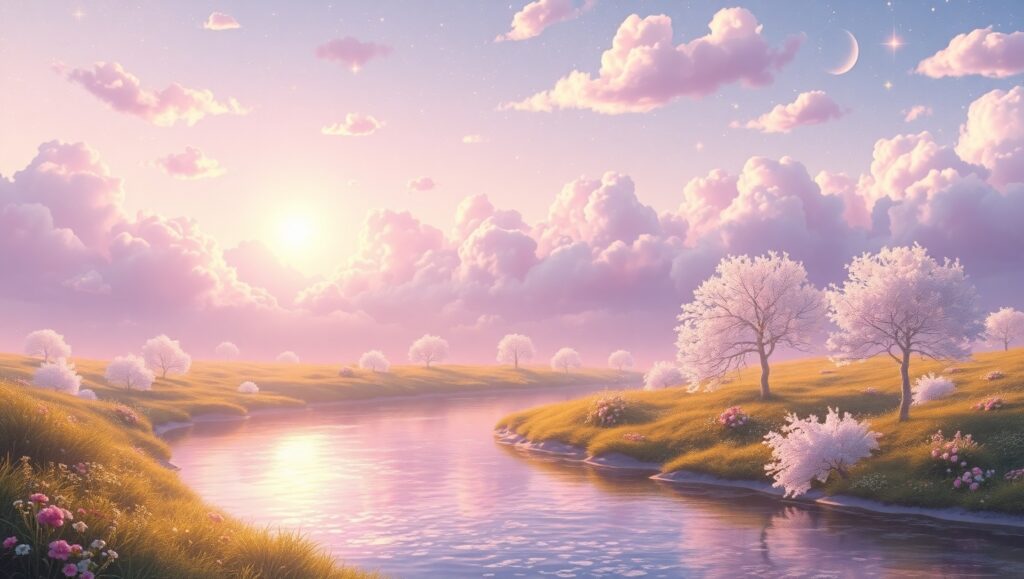 Cotton Candy Clouds and Lemonade River – free AI stock image