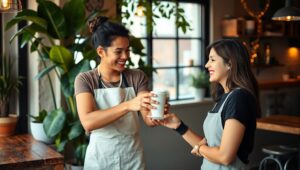 Cozy Café with Barista and Customer – free AI stock image