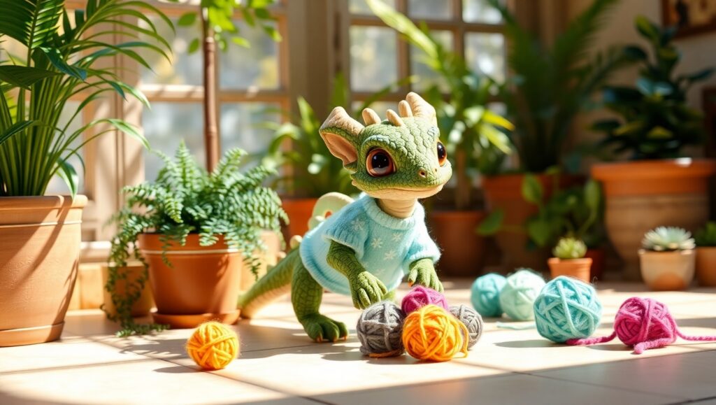 Cozy Dragon Playing with Yarn – free AI stock image