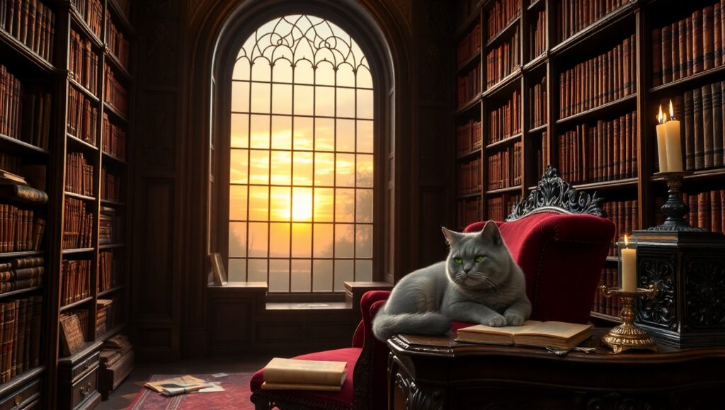 Cozy Library at Sunset – free AI stock image
