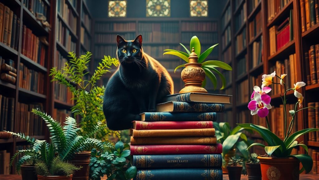 Cozy Library with a Cat – free AI stock image