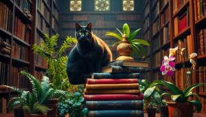 Cozy Library with a Cat – free AI stock image