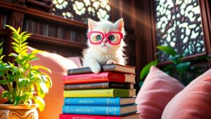 Cozy Library with a Playful Kitten – free AI stock image