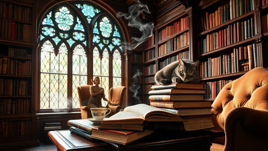 Cozy Library with Sunlit Warmth – free AI stock image