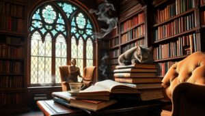 Cozy Library with Sunlit Warmth – free AI stock image