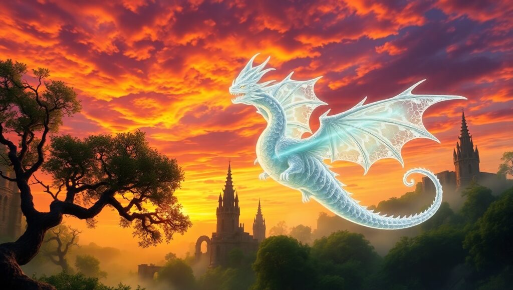 Crystal Dragon Above Enchanted Forest – free AI stock image