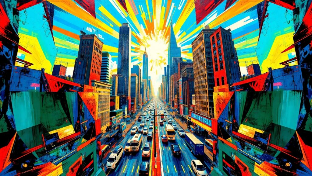 Cubist City Life in Color zjl – free AI stock image