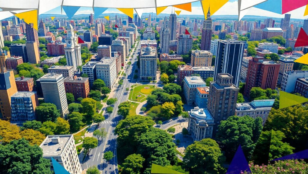 Cubist Cityscape and Nature Fusion – free AI stock image