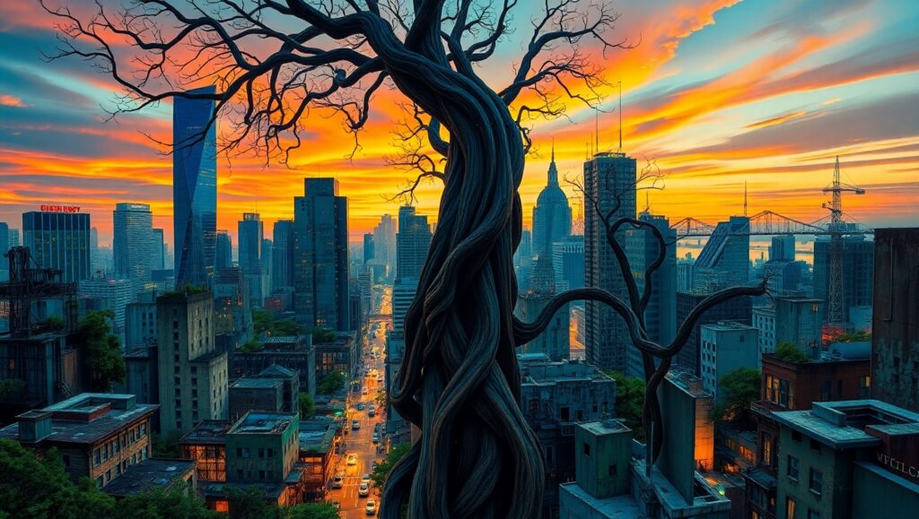 Cubist Cityscape at Dusk – free AI stock image