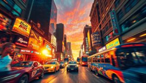 Cubist Cityscape at Dusk sys – free AI stock image