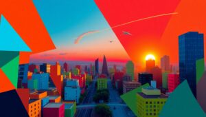 Cubist Cityscape at Sunset – free AI stock image