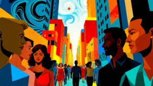 Cubist Cityscape in Vibrant Colors – free AI stock image