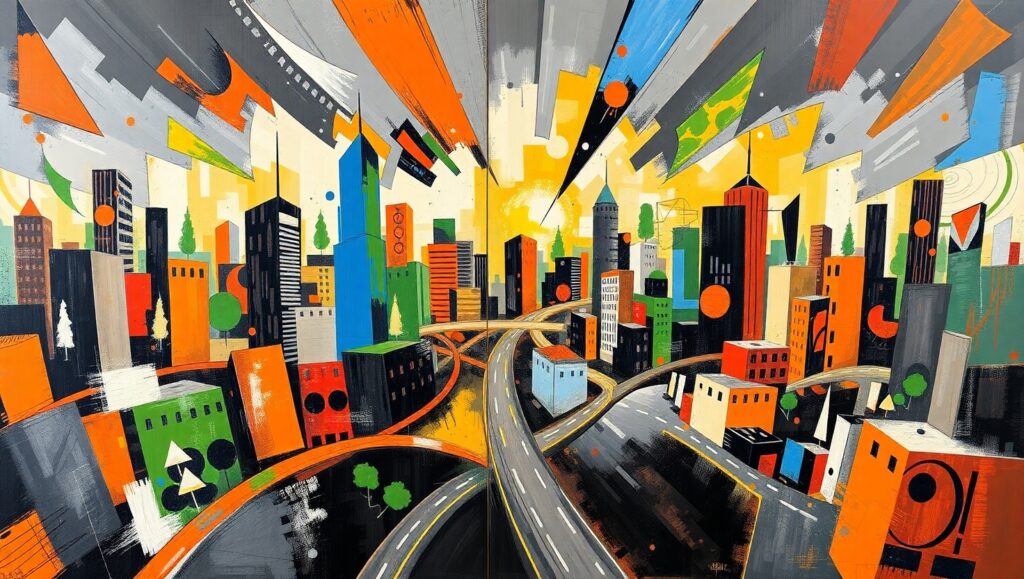 Cubist Cityscape of Urban Life – free AI stock image