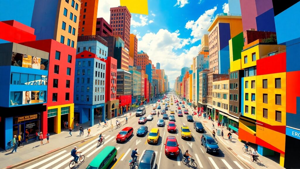 Cubist Cityscape: Urban Life Unfolds – free AI stock image