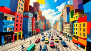 Cubist Cityscape: Urban Life Unfolds – free AI stock image