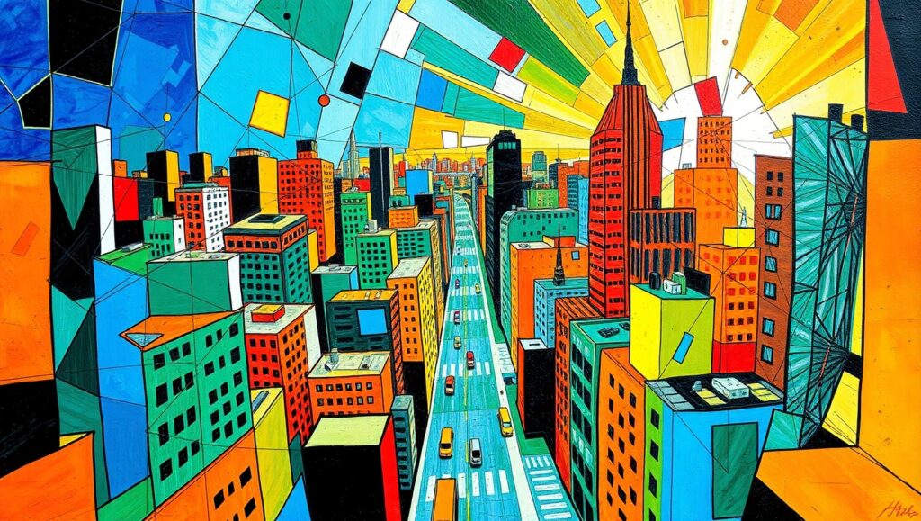 Cubist Cityscape: Vibrant Urban Life – free AI stock image