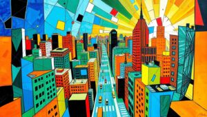 Cubist Cityscape: Vibrant Urban Life – free AI stock image