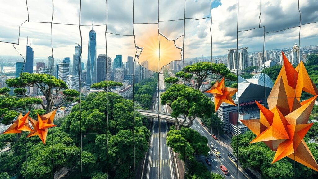 Cubist Cityscape with Nature Elements – free AI stock image