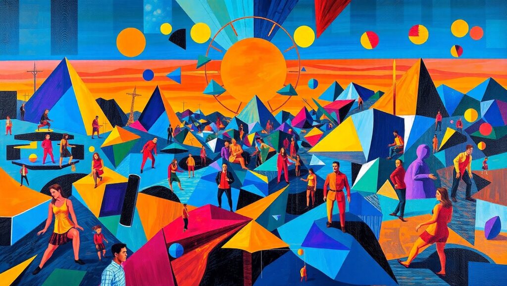 Cubist Landscape with Abstract Figures – free AI stock image