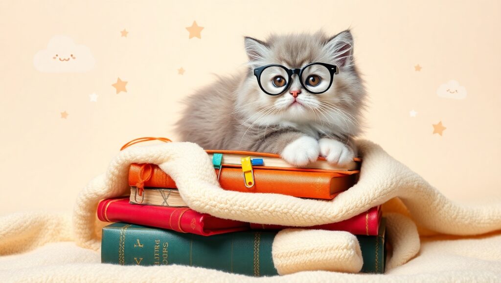 Cuddly Kitten with Books and Stars – free AI stock image