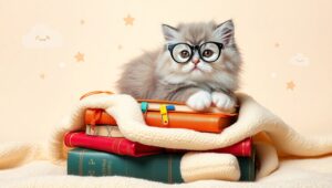 Cuddly Kitten with Books and Stars – free AI stock image